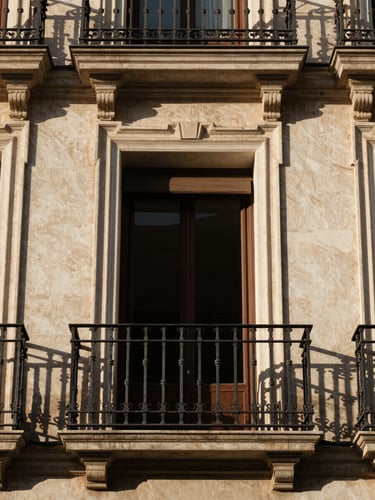 Straight-on architectural shot of a sunlit Madrid balcony with wrought-iron railings, warm afternoon light illuminating high plaster moldings inside, classic and elegant.
