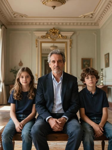 Natural portrait of a Spanish family team, a father and two adult children, sitting in a sunlit historic Madrid apartment with high ceilings and plaster moldings, warm afternoon light, elegant and professional.