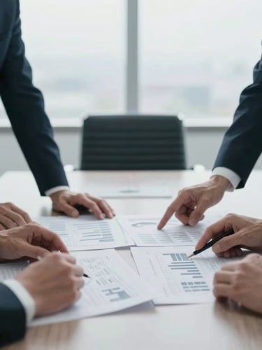 Close-up of hands of business executives in a modern boardroom reviewing financial blueprints, soft overcast daylight, elegant corporate atmosphere, minimalist composition.