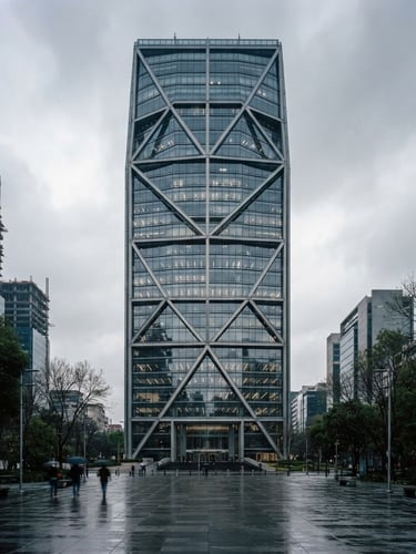 Architectural symmetry of a modern corporate skyscraper in Mexico City, clean lines, steel and glass facade reflecting overcast sky, 35mm editorial photography, deep navy tones.