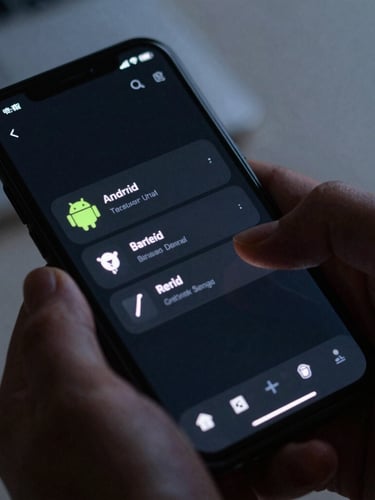 Close-up of hands interacting with a dark-mode Android application on a phone screen, cool ambient light, sharp screen-glow highlights, shallow depth of field