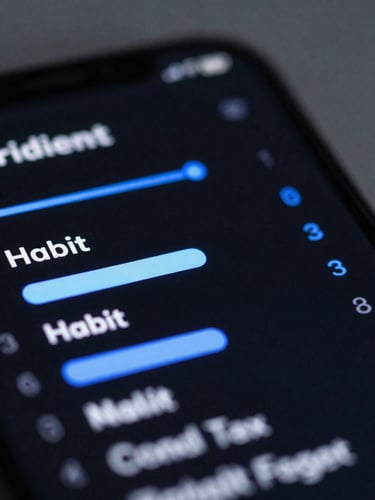 Macro shot of a high-fidelity Android phone screen displaying a dark-mode habit tracker interface with sharp electric-blue accents, cool ambient light, shallow depth of field