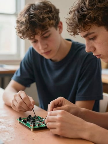 A close-up action shot of two high school students collaborating on a physical circuit board prototype in a bright Georgia workshop, warm clay tones, natural window light.