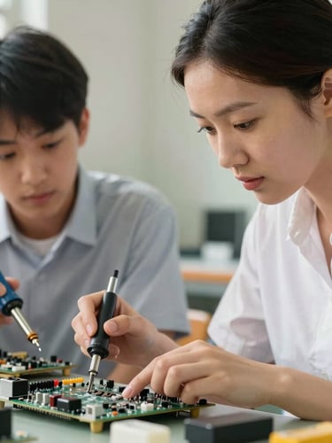 A close-up action shot of a professional female engineer pointing to a circuit board, guiding a focused high school student holding a soldering iron, warm workshop lighting, shallow depth of field.