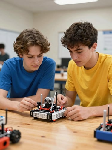 Medium shot of two Georgia students actively collaborating over a robotics prototype on a wooden workshop table, bright natural light, warm vibrant tones.