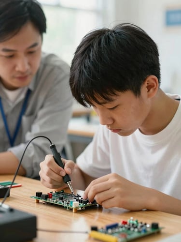 A close-up action shot of a high school student soldering a circuit board under warm workshop light, a mentor guiding them from the side, shallow depth of field, 35mm lens.