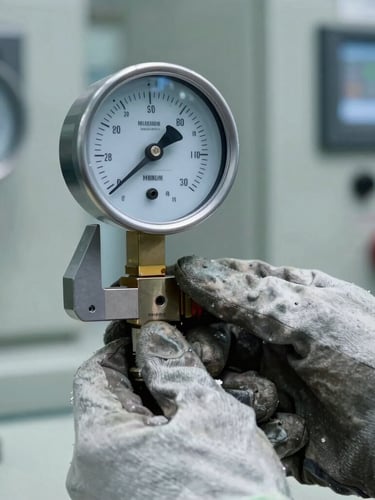 Macro detail of a hand in a heavy work glove calibrating a steel pressure transmitter with a handheld communicator, cool industrial daylight, sharp technical details, 50mm