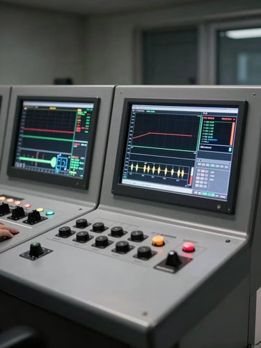 Cool control room ambient light, sharp technical details of a modern DCS console screen showing live process loops, desaturated steel tones with high contrast, 50mm