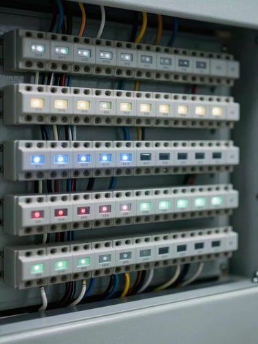 Macro detail shot of a meticulously wired industrial control cabinet, clean terminations, labeled terminal strips, cool LED status lights, sharp technical focus