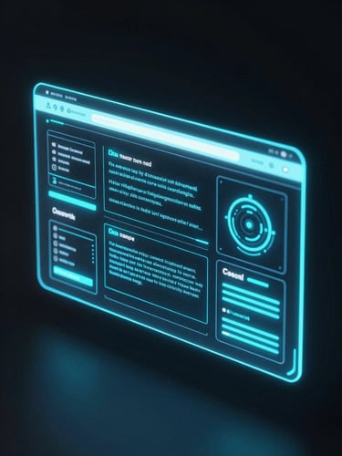 Futuristic 3D render of a glowing neon holographic website wireframe, deep obsidian background, electric cyan telemetry, octane render, cinematic