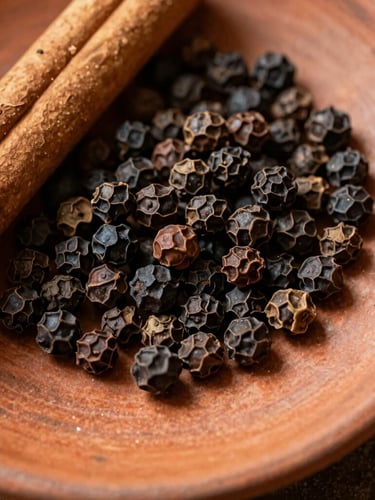 Overhead macro shot of whole black peppercorns and cinnamon bark on a rustic clay plate, warm afternoon sunlight casting rich textures