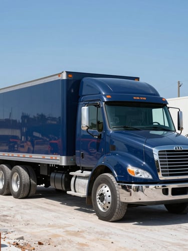 A clean, modern commercial hauling truck parked on a bright Florida job site, crisp sunlight reflecting off the deep navy blue metal, organized equipment nearby.