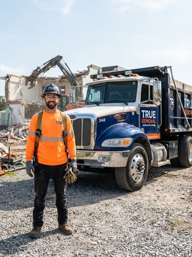 A professional, uniformed demolition crew member standing next to a clean, branded TRUE REMOVAL truck on an organized Tampa job site under bright Florida sunlight, sharp focus, 35mm lens.