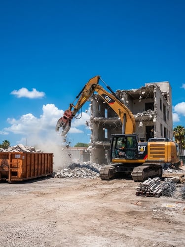 Wide-angle action shot of an organized demolition site in bright Florida sunlight, a clean hydraulic excavator working near a heavy-duty container, high-contrast deep blue sky, sharp focus, 35mm lens.