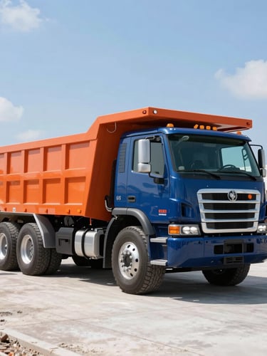 A clean, modern heavy-duty hauling truck parked on a neat job site under bright Florida daylight, professional crew members in clean uniforms standing nearby, crisp commercial photography.