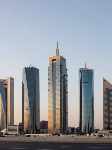 Wide environmental shot of modern corporate Jeddah business district skyline during golden hour, luxury office towers reflecting warm sunlight, clean composition with ample sky.