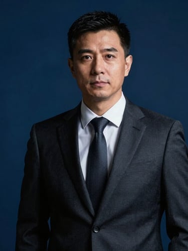 High-contrast professional portrait of a male attorney in a sharp dark suit, cool studio lighting, deep cobalt background, looking authoritative, 35mm