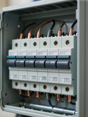 Close-up of a newly upgraded, perfectly organized breaker box, clean labels, copper grounding wire visible, crisp interior lighting.