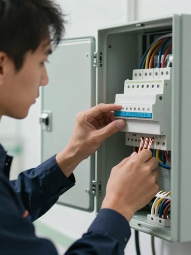 A clean-cut technician in a dark blue uniform carefully installing a modern smart electrical panel, perfectly routed copper wires, bright natural daylight, tight macro shot.