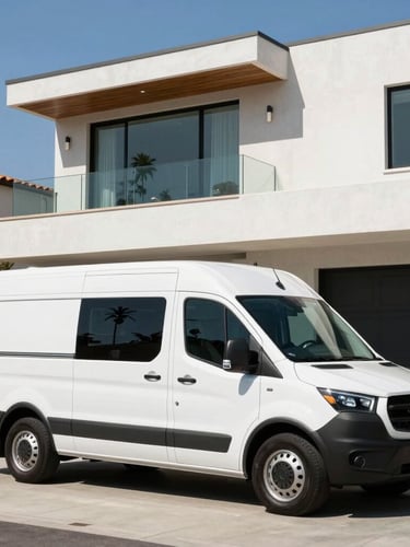 A clean, modern branded service vehicle parked in front of a contemporary Calabasas estate, bright Southern California daylight, architectural lines.