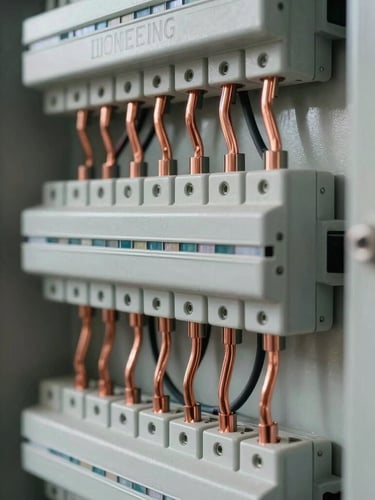 Macro shot of a perfectly organized residential electrical panel, copper grounding wires routed with clinical geometric precision, bright natural side lighting.