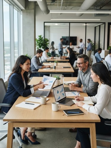Modern organized office environment with professionals collaborating over clean desks, bright natural window light, professional cool tones
