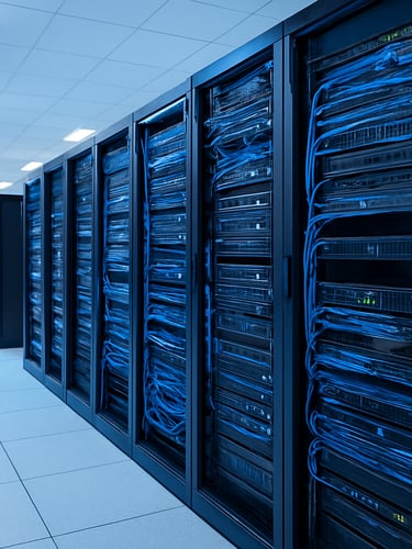 Modern clean server room with organized cables, cool blue LED lighting, professional corporate IT infrastructure, 35mm lens, corporate editorial photography