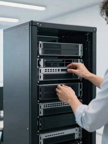 Close-up of a professional in a clean minimalist workspace configuring an organized server rack, soft natural lighting, cool tones