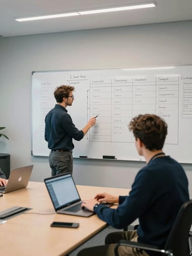Medium-wide environmental shot of a structured conference room interior, a team member standing at a whiteboard covered in sprint timelines and task columns, another person seated at a table with a laptop open showing a project tracker, neutral cool white overhead lighting, organized and task-focused atmosphere