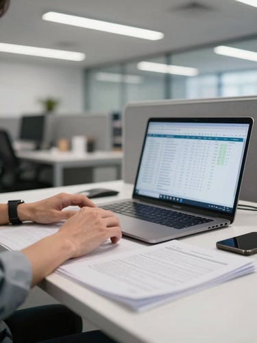 Medium-wide environmental shot of a corporate workspace, a team member's hands resting on a keyboard beside a printed document stack and open laptop showing a structured data dashboard, cool white office lighting from overhead fluorescents, shallow depth framing the work surface in the foreground with a blurred open-plan office behind