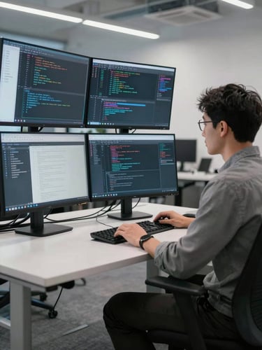 Medium-wide environmental shot of a software engineer at a standing desk reviewing multiple monitors showing code and a deployment dashboard, cool white office lighting, organized workspace with structured cable management visible, no people in background, neutral gray tones