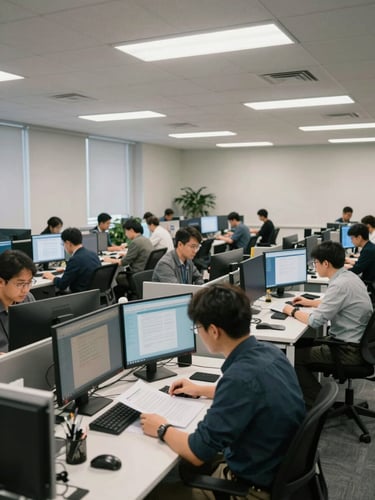 Wide environmental shot of a structured corporate office floor, multiple team members seated at workstations reviewing documents and monitors, cool white overhead fluorescent lighting, shot from a medium-wide angle showing rows of desks and organized workspace, no posed expressions, focus on operational activity