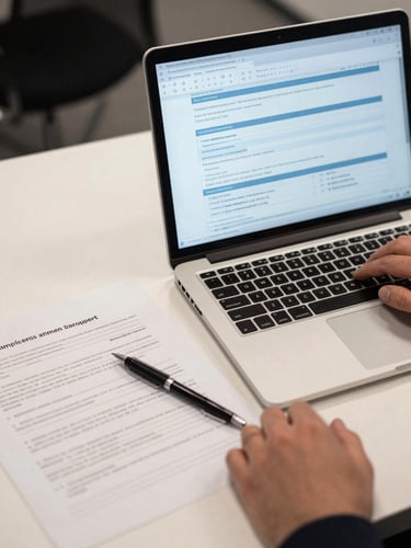 Close-up medium shot of a desk surface under cool white office light — an open laptop displaying structured employment documentation on screen, a pen resting on a printed form beside it, hands partially visible at the keyboard edge, crisp and task-focused framing