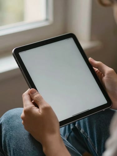 Inquadratura ravvicinata e calda di due mani che tengono un tablet, luce naturale domestica proveniente da una finestra, atmosfera serena e rilassata.