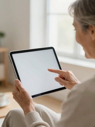 Over-the-shoulder warm domestic shot of an elderly person smiling while looking at a tablet, a friendly hand gently pointing to the screen, soft natural window light.