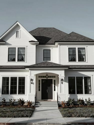 Dramatic low-angle architectural photograph of a premium home exterior renovation in North Carolina, crisp morning daylight, high-contrast desaturated gray tones, sharp focus, 35mm lens.