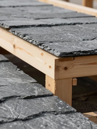 Close-up of raw construction materials, heavy timber joinery and slate tiles under crisp overcast daylight, architectural detail, high-contrast gray tones.