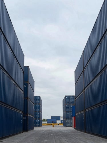 Symmetrical wide-angle shot of a modern port terminal with clean blue container stacks under a cool overcast morning sky, sharp architectural lines, 35mm photography