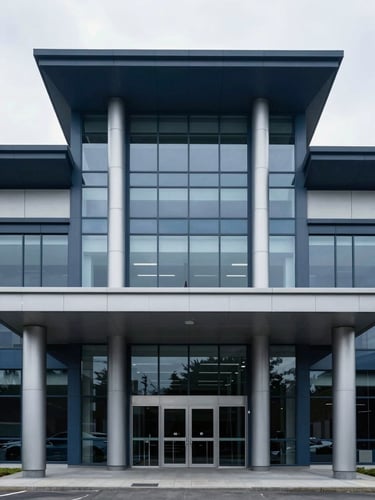 Symmetrical architectural shot of a modern customs house facade, clean steel and glass lines, cool overcast daylight, 35mm photography