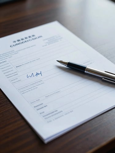 Close-up of signed customs documentation and a steel pen on a dark wooden desk, sharp focus, cool morning light, 35mm