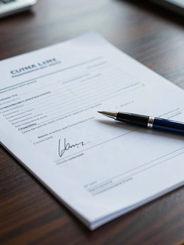 Close-up of signed customs documentation and a steel pen on a professional dark wood desk, sharp focus, cool morning light, 35mm photography