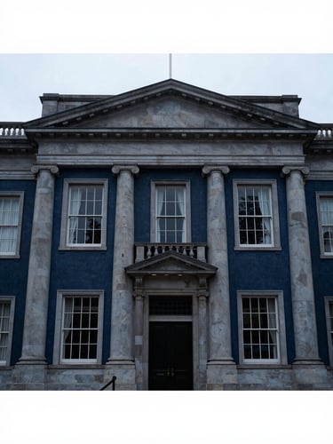 Symmetrical architectural shot of a classical customs house facade, cool overcast daylight, deep navy and steel tones, 35mm