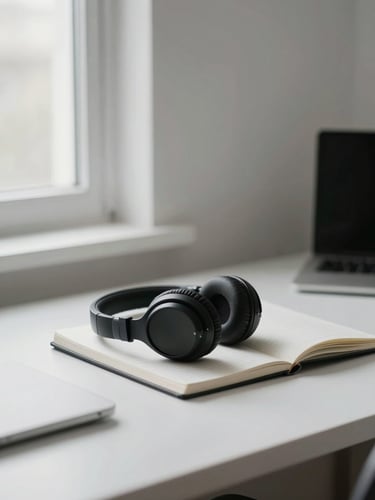 A clean, quiet home office desk with high-quality headphones resting on a notebook, soft natural side-light from a window, minimalist editorial style, 35mm