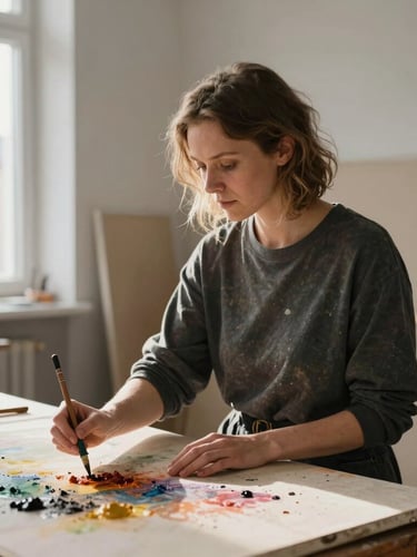 A portrait of artist Aino-Amelie in her sunlit Helsinki studio, working unposed with raw pigments on a large linen canvas, soft north-facing natural daylight.