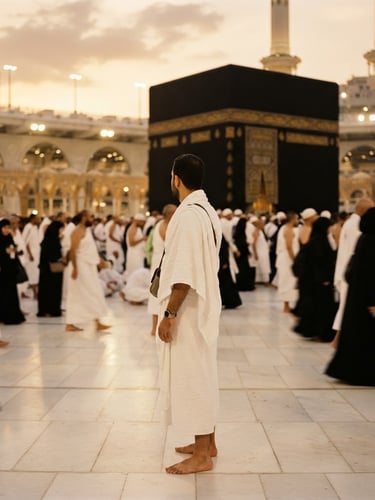 Serene environmental shot of a pilgrim in white Ihram looking towards the Kaaba, soft golden hour sunlight, warm 35mm editorial style