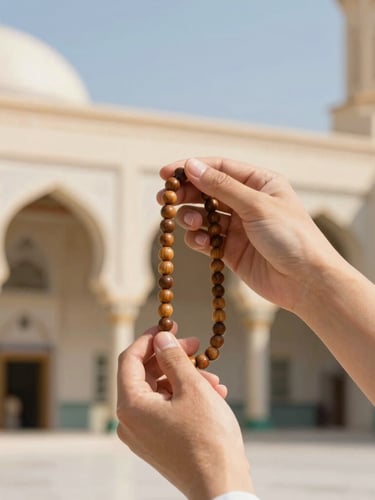 Close-up of hands holding wooden prayer beads with the soft-focus architectural arches of Al-Masjid an-Nabawi in the background, warm daylight