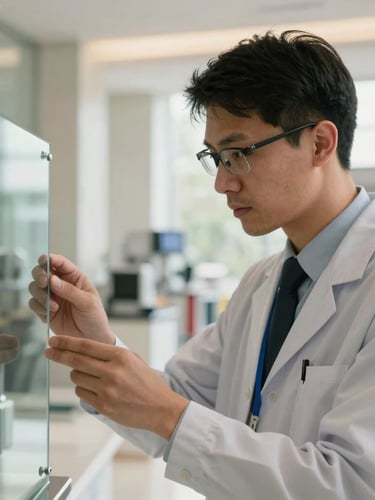 Close-up shot of a professional inspector checking a clean glass surface in a bright commercial lobby, warm natural light, sharp focus, professional uniform.