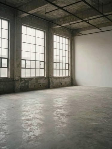 Full-frame portrait-oriented color-graded still from a corporate documentary project, a wide organized studio interior with controlled daylight through industrial windows, neutral tones, empty set, precise composition, no people