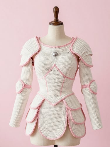 A bright editorial portrait of a detailed crochet armor cosplay on a clean studio background with soft pink lighting, 35mm