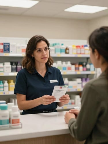 Medium shot of a dispensary staff member in consultation with a customer across a clean retail counter, both looking at a product package held between them, daylight-balanced overhead lighting, professional and attentive atmosphere